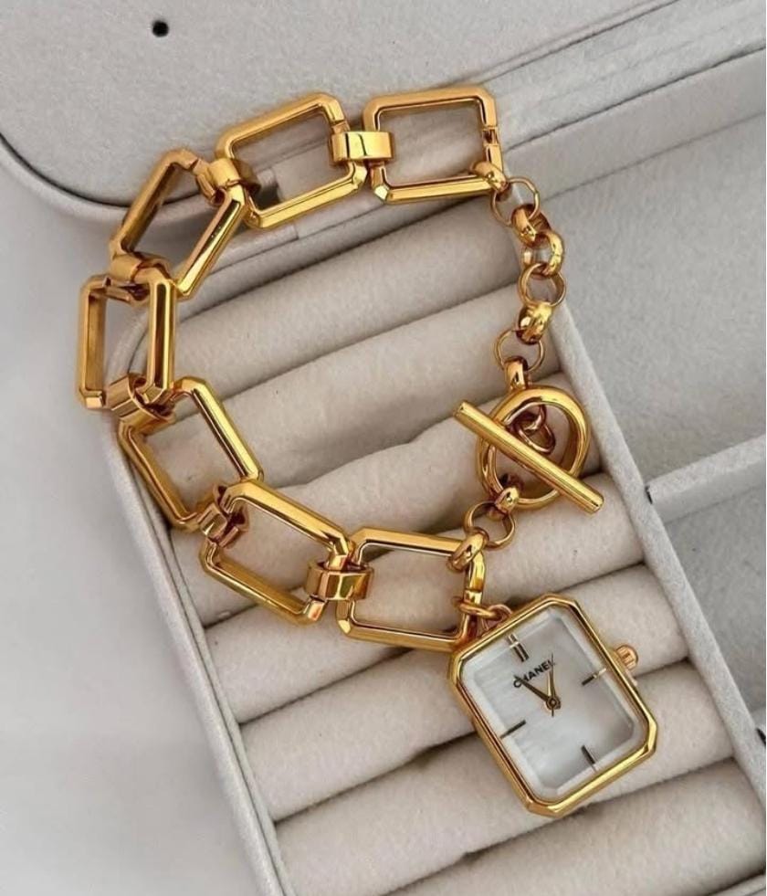CHANEL GOLD & GOLD WHITE SQUARE WATCH