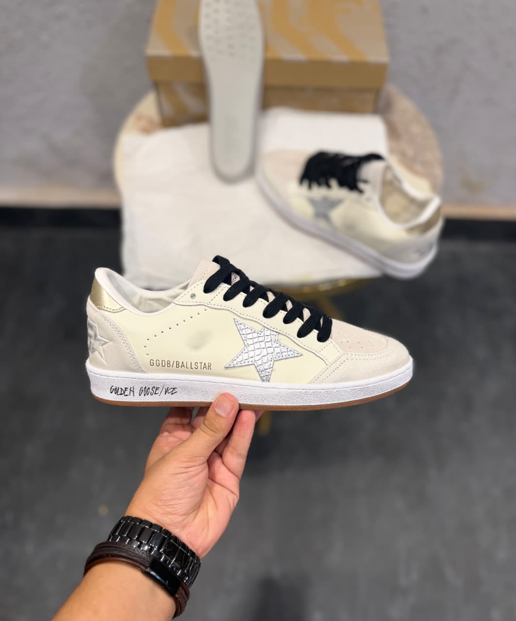 GOLDEN GOOSE BALL STAR WHITE SILVER SNEAKERS
