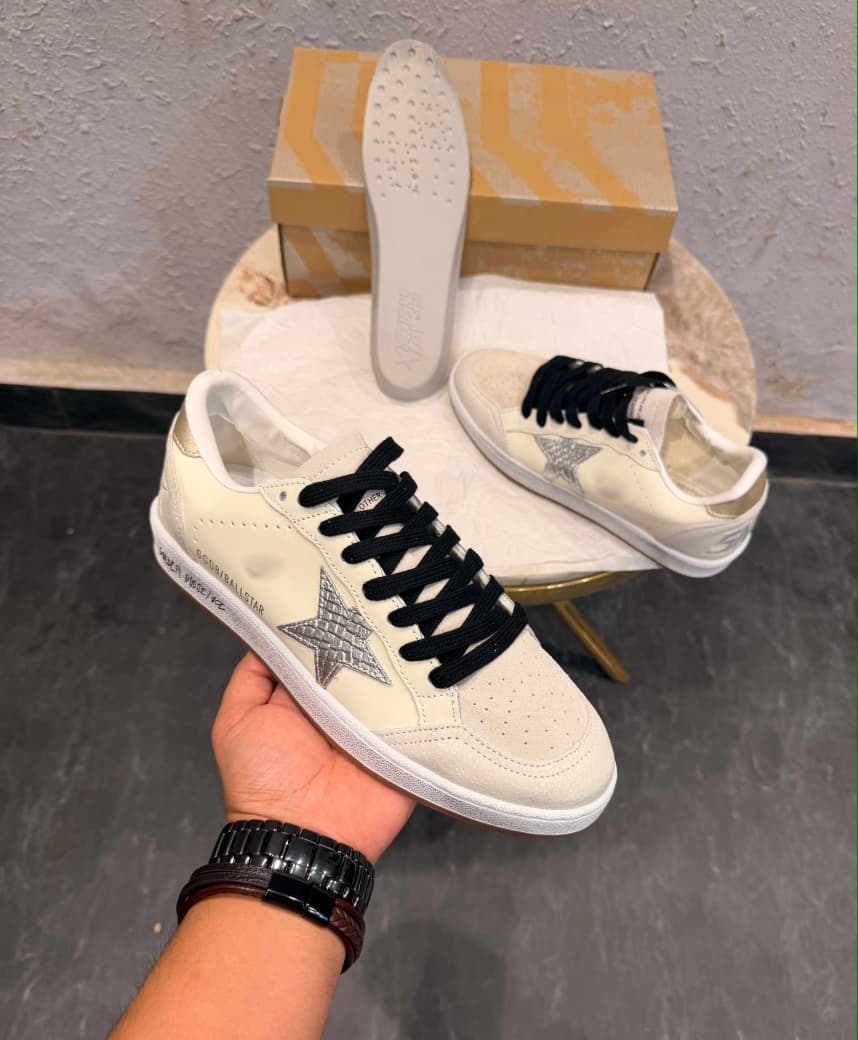 GOLDEN GOOSE BALL STAR WHITE SILVER SNEAKERS