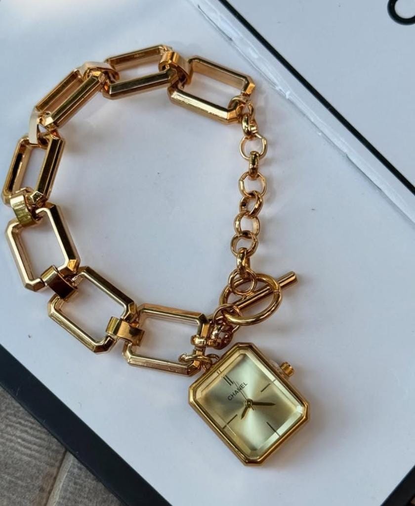 CHANEL GOLD & GOLD WHITE SQUARE WATCH