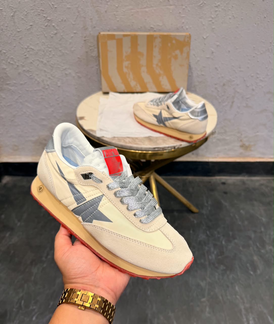 GOLDEN GOOSE MARATHON SNEAKERS BEIGE SILVER