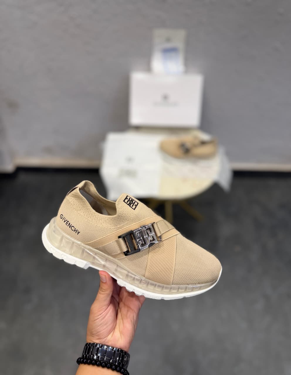 GIVENCHY PARIS BEIGE BUCKLE SNEAKERS