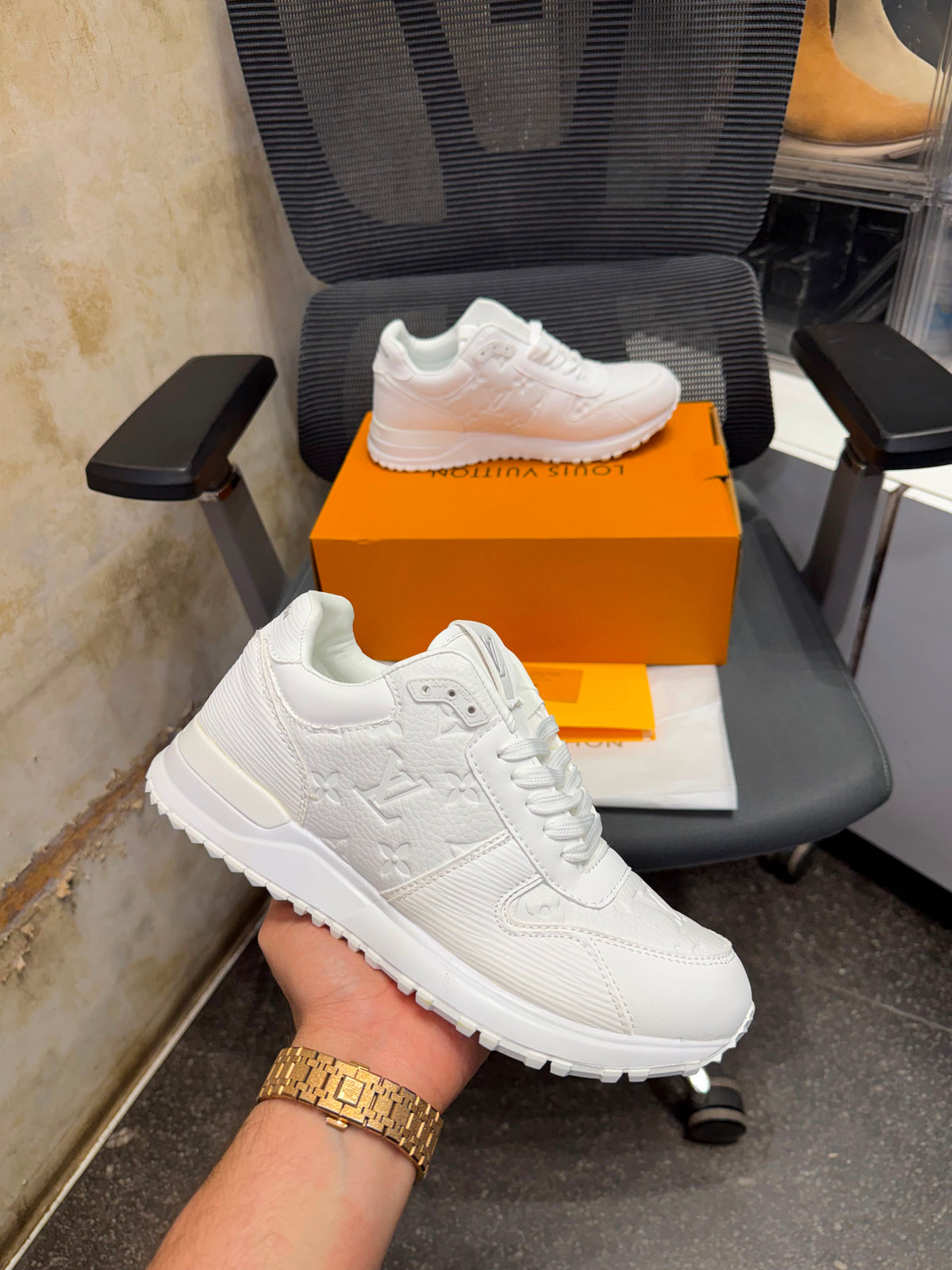 LOUIS VUITTON RUN AWAY SNEAKER MONOGRAM EMBOSSED LEATHER WHITE